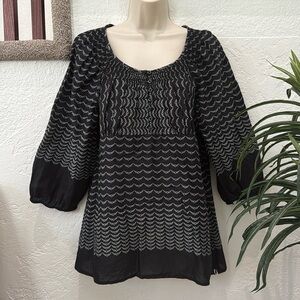 LOFT Women’s 100 % Cotton Black with White Bubbles 3/4 Sleeve Top Size L EUC
